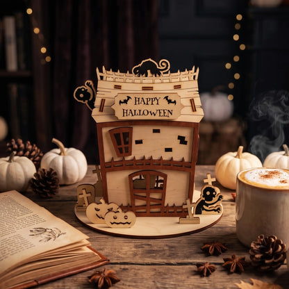 Festive laser cut plywood zombie house centerpiece with coffee, pine cones, and miniature Halloween pumpkins