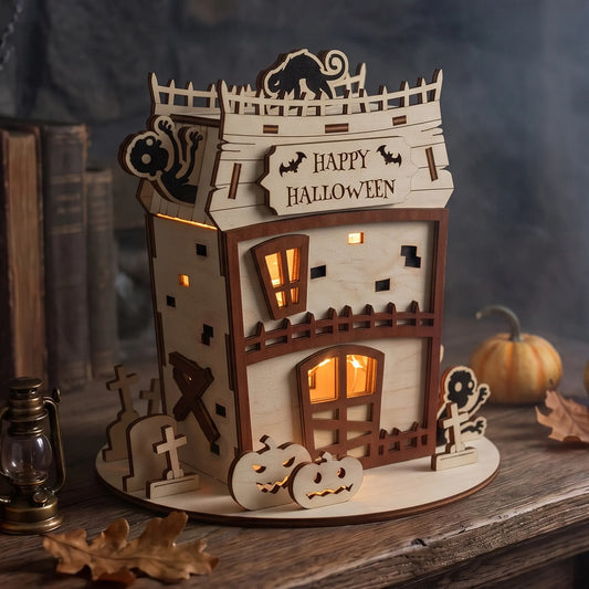 Halloween-themed laser cut plywood zombie house decoration with warm inner lighting, pumpkins, and miniature gravestones.