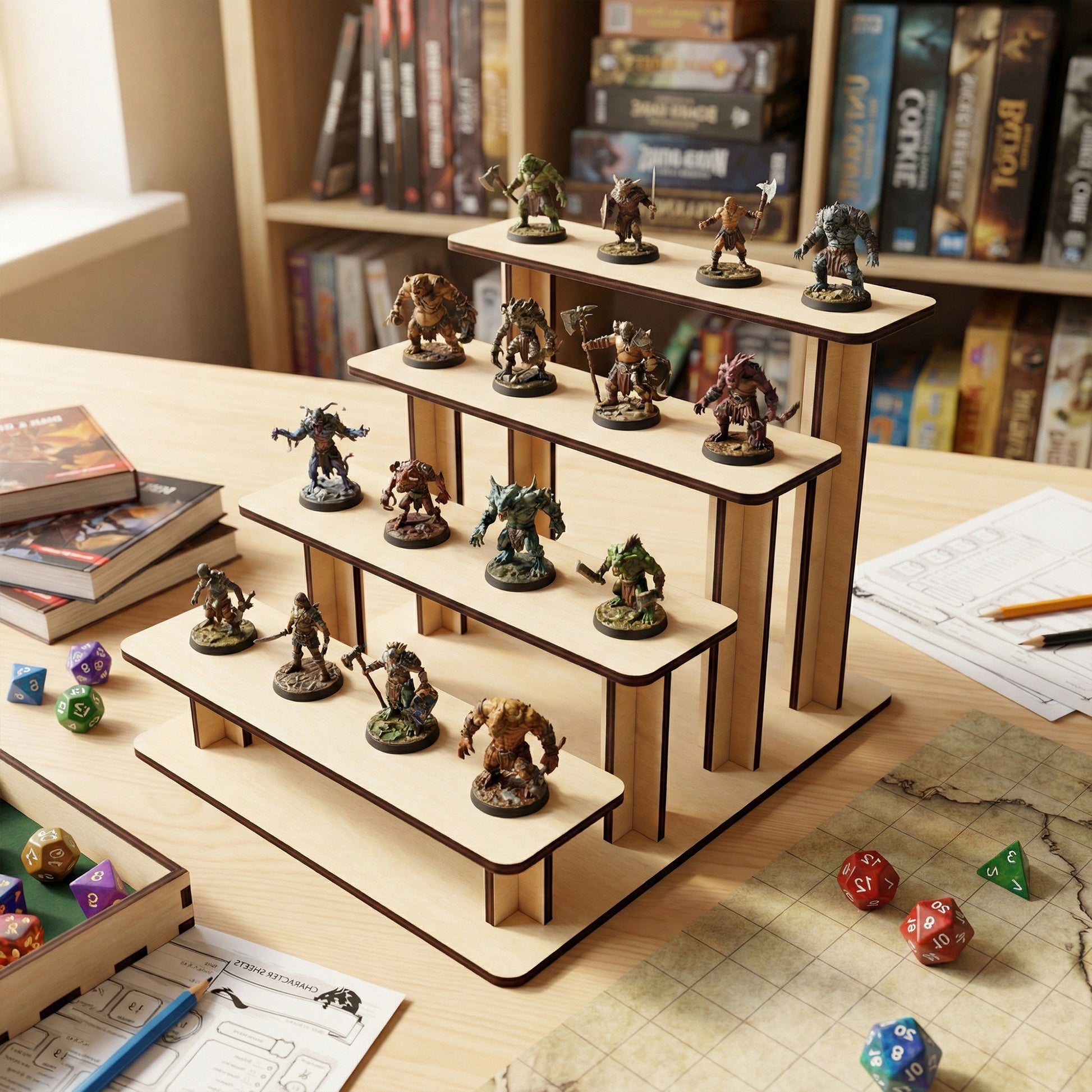 Laser cut 4-tier wooden plywood trophy stand displaying various painted fantasy monster miniatures. The scene includes RPG dice, character sheets, and adventure books on a wooden table, showing the rack's scale and use for tabletop gaming collections.