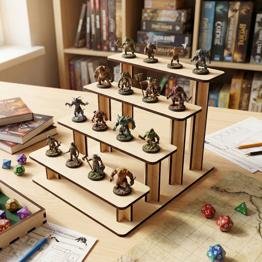 Laser cut 4-tier wooden plywood trophy stand displaying various painted fantasy monster miniatures. The scene includes RPG dice, character sheets, and adventure books on a wooden table, showing the rack's scale and use for tabletop gaming collections.