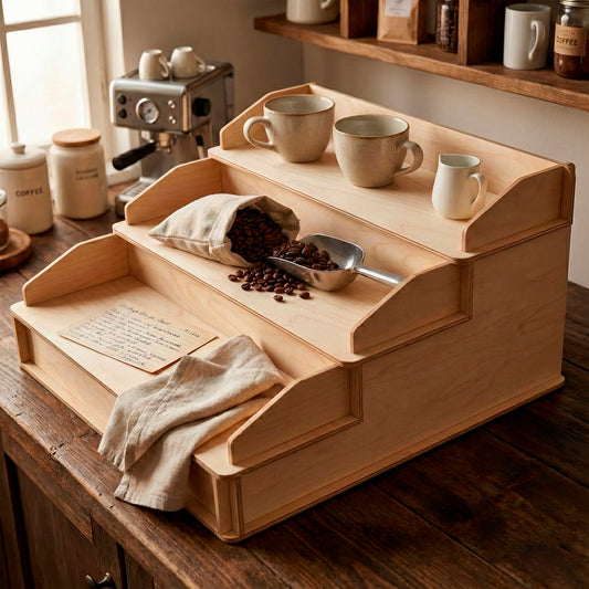 Wooden  plywood 3-tier countertop organizer styled as a coffee station display. Laser cut plywood stepped shelf holding ceramic mugs, a scoop, and roasted coffee beans, set in a cozy kitchen environment with an espresso machine in the background.