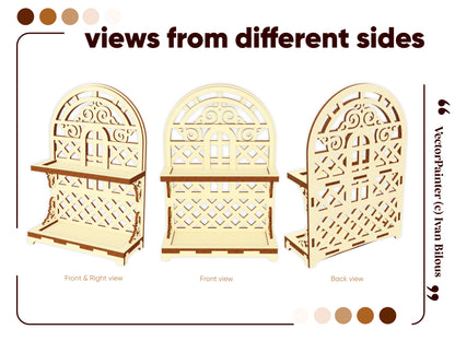Different angle views of laser cut tiered tray stand with stained glass window and floral supports