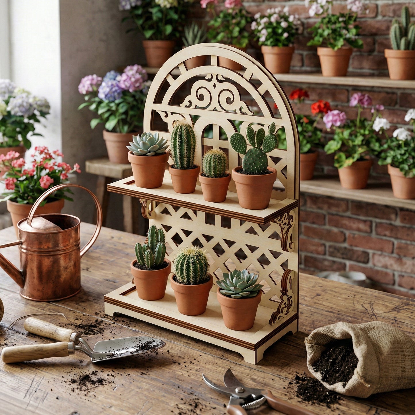 Two tiered Tiered Tray Stand made of laser-cut wood holding cacti, positioned on a potting bench with a greenhouse background.
