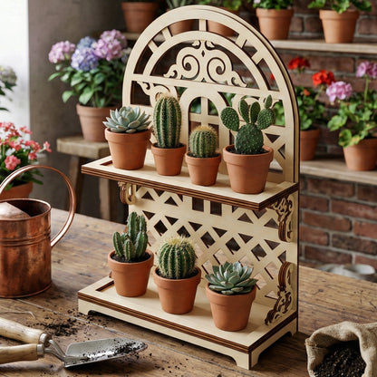 Ornate laser cut wooden Tiered Tray Stand displaying small succulent pots, set against a garden room background with brick walls and plants.