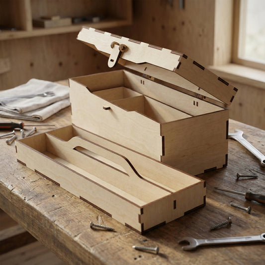 Open laser cut plywood tool box with a removable inner caddy tray. The main box has two internal compartments. Shown on a rustic workbench with screws and wrenches to demonstrate its scale for hobbyist storage