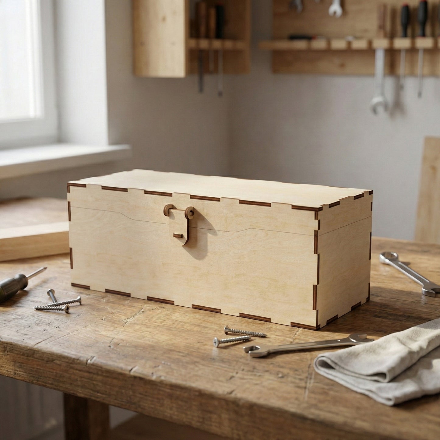 Closed rectangular laser cut plywood storage box with a simple wooden latch and finger-joint construction. It sits on a wooden workshop table surrounded by hand tools, highlighting its sturdy, functional design for hardware.