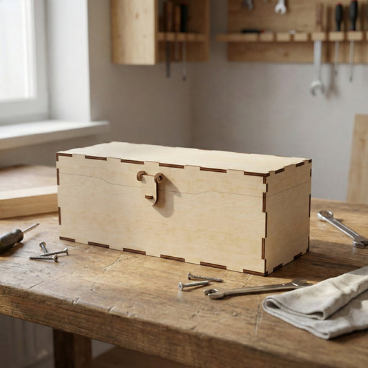 Closed rectangular laser cut plywood storage box with a simple wooden latch and finger-joint construction. It sits on a wooden workshop table surrounded by hand tools, highlighting its sturdy, functional design for hardware.