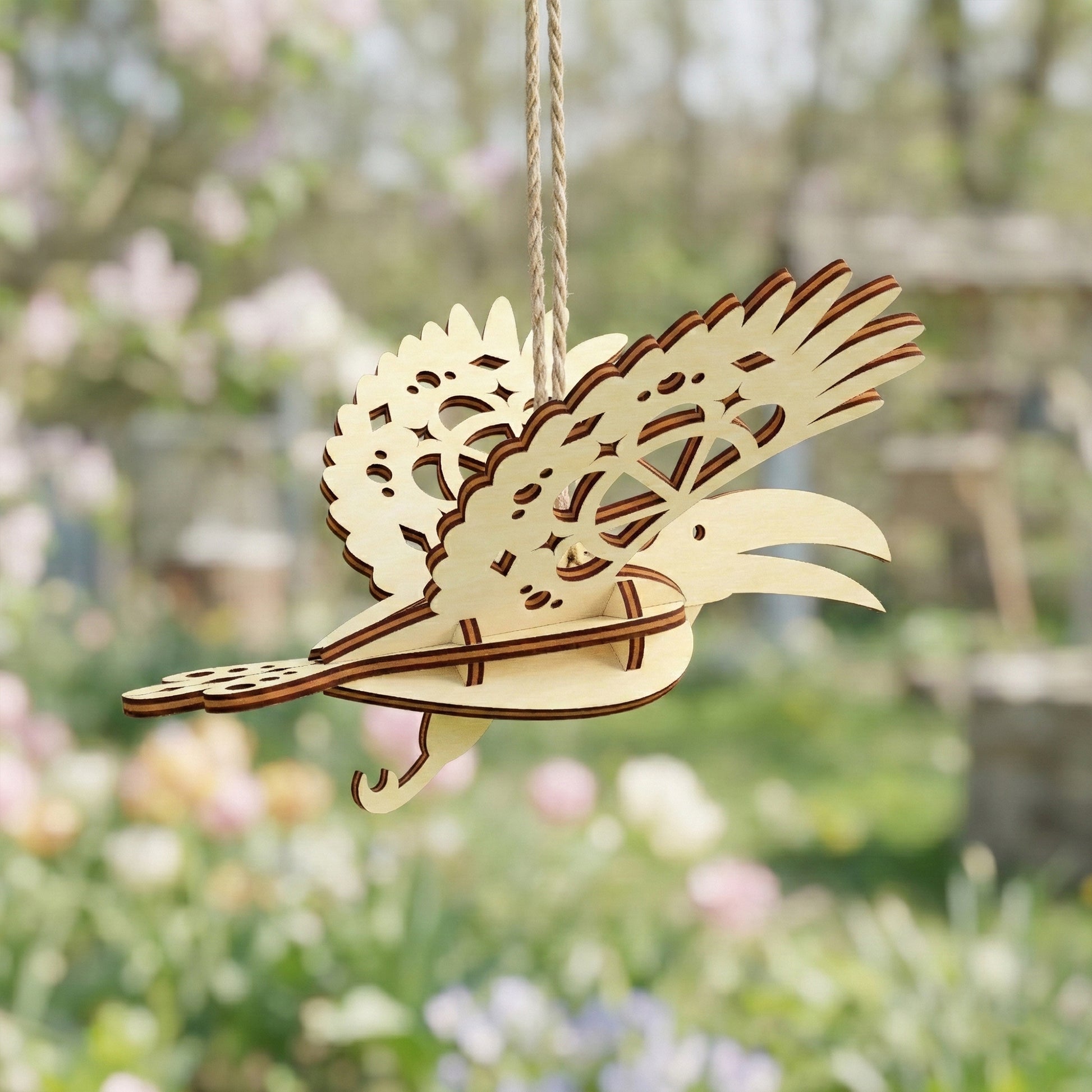 Back view of a 3D toucan bird decoration crafted from laser cut plywood. The layered wood design shows high-quality assembly and detailed wing patterns. Hanging outdoors against a blurred background of colorful spring flowers.