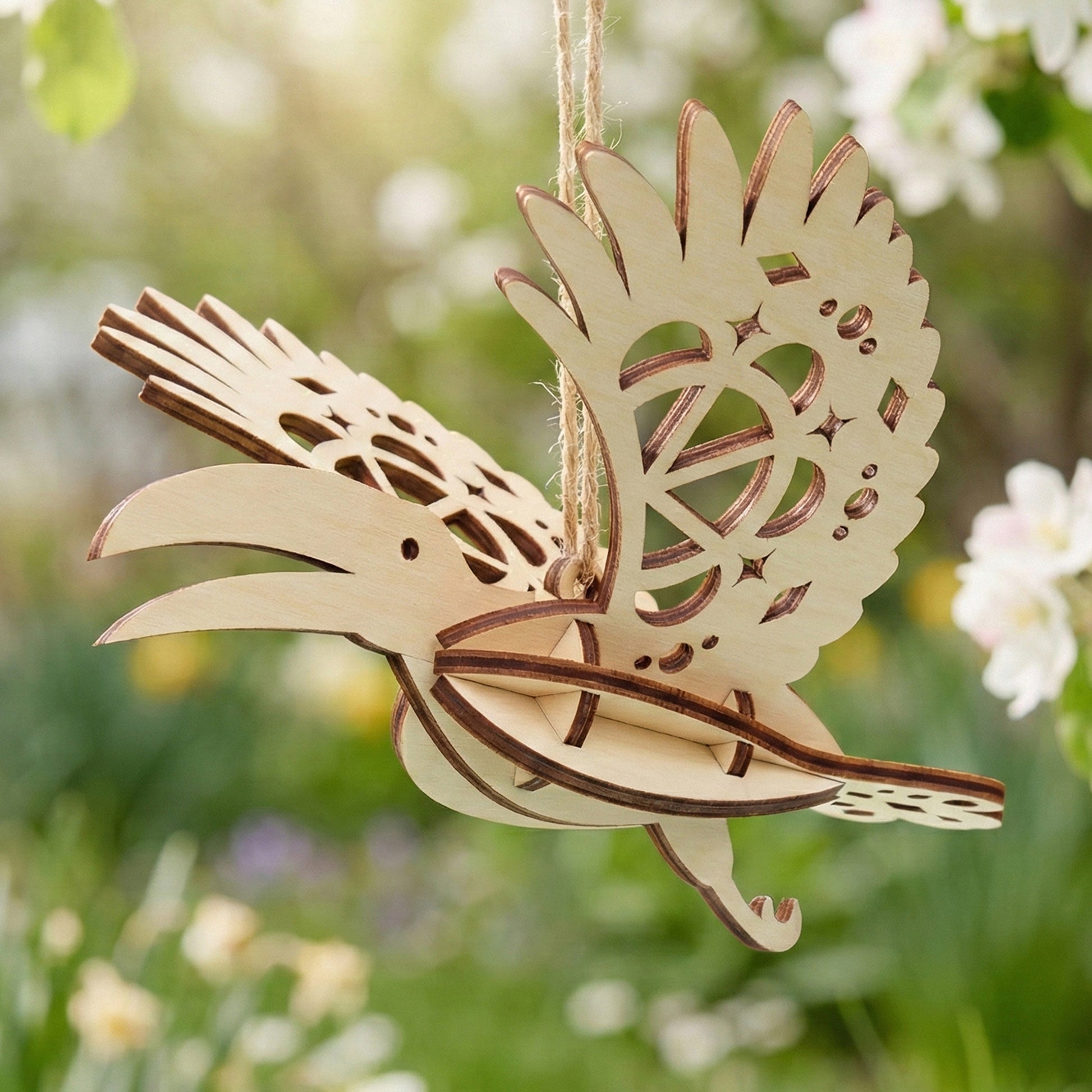 A flying toucan bird ornament made of laser cut plywood, hanging from a twine string in a blooming spring garden. The wings feature intricate geometric cutouts and stars. Soft sunlight and apple blossoms create a bright, natural backdrop.
