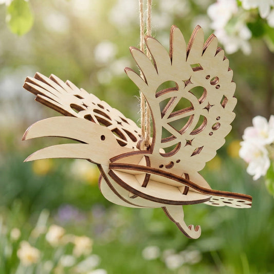 A flying toucan bird ornament made of laser cut plywood, hanging from a twine string in a blooming spring garden. The wings feature intricate geometric cutouts and stars. Soft sunlight and apple blossoms create a bright, natural backdrop.
