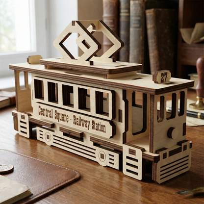 Wooden laser cut model of a tram on a desk with books in the background