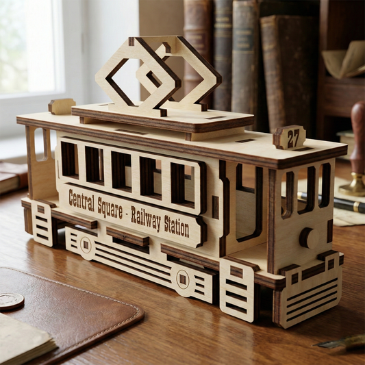 Wooden laser cut model of a tram on a desk with books in the background