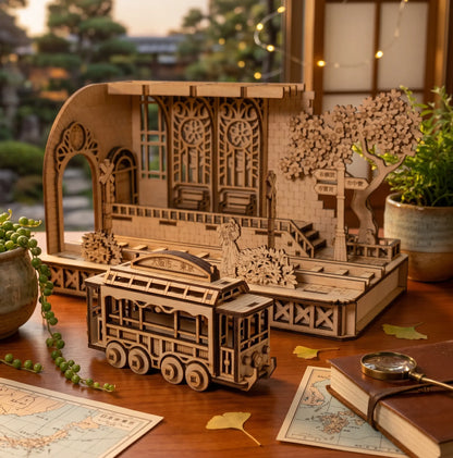 Wooden model of a scenic landscape with a bus, book, and magnifying glass on a wooden surface.
