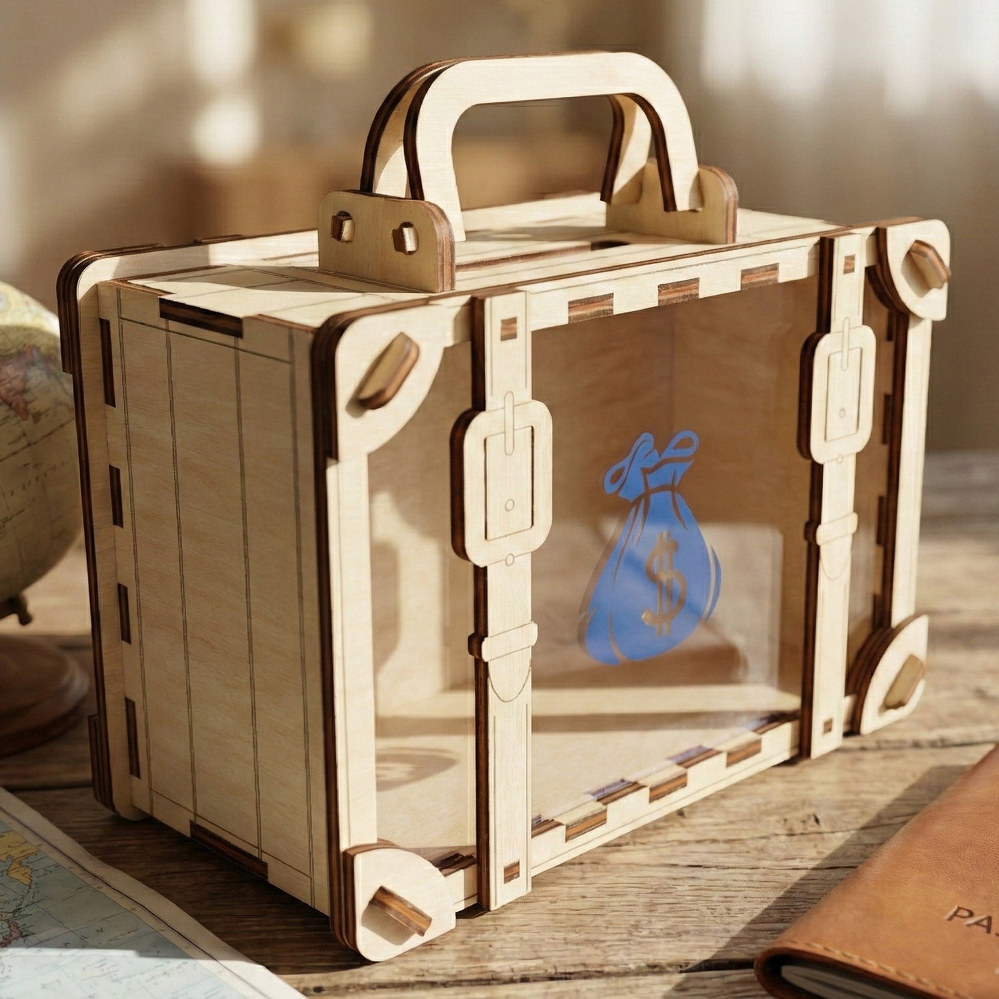 Laser cut plywood money box shaped like a vintage travel suitcase. Features a clear acrylic front window with a blue money bag icon, wooden straps with buckles, and a coin slot on top. Posed on a wooden table next to a globe and map.