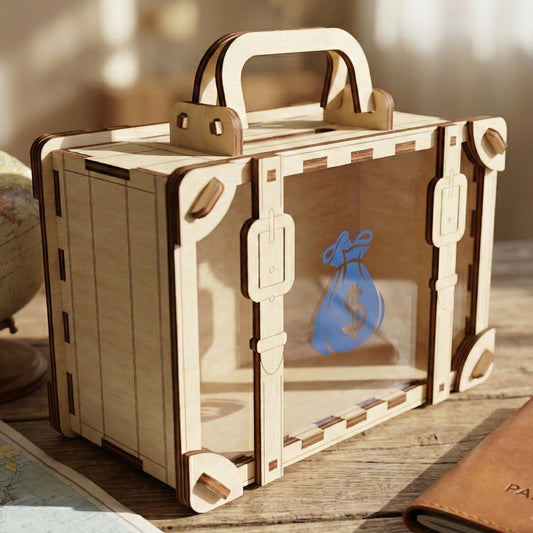 Laser cut plywood money box shaped like a vintage travel suitcase. Features a clear acrylic front window with a blue money bag icon, wooden straps with buckles, and a coin slot on top. Posed on a wooden table next to a globe and map.
