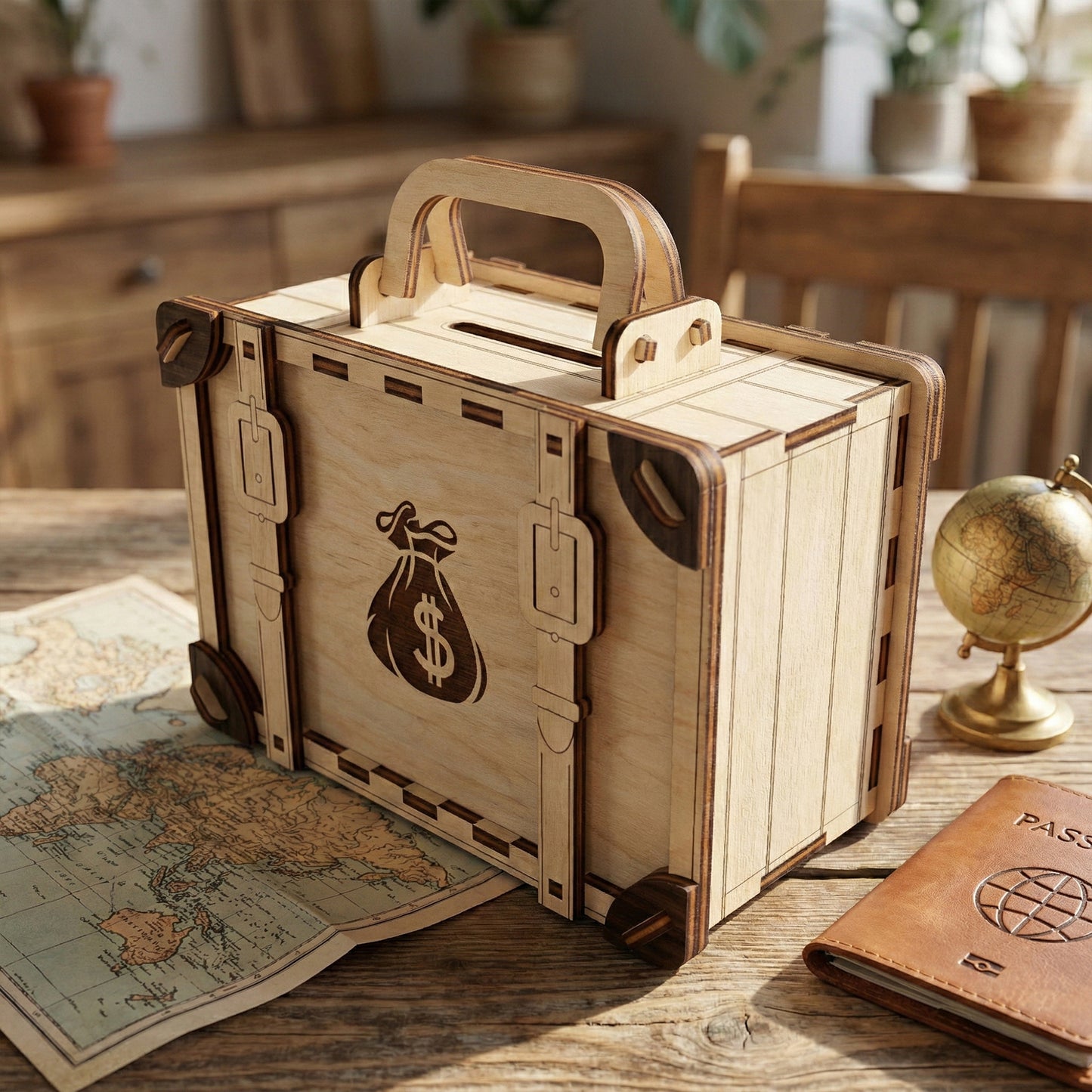 Travel-themed wooden piggy bank made of laser cut plywood. This version features a solid wood front panel with an engraved dark brown money bag symbol. Detailed with dark wood corner protectors and a sturdy curved handle on top.