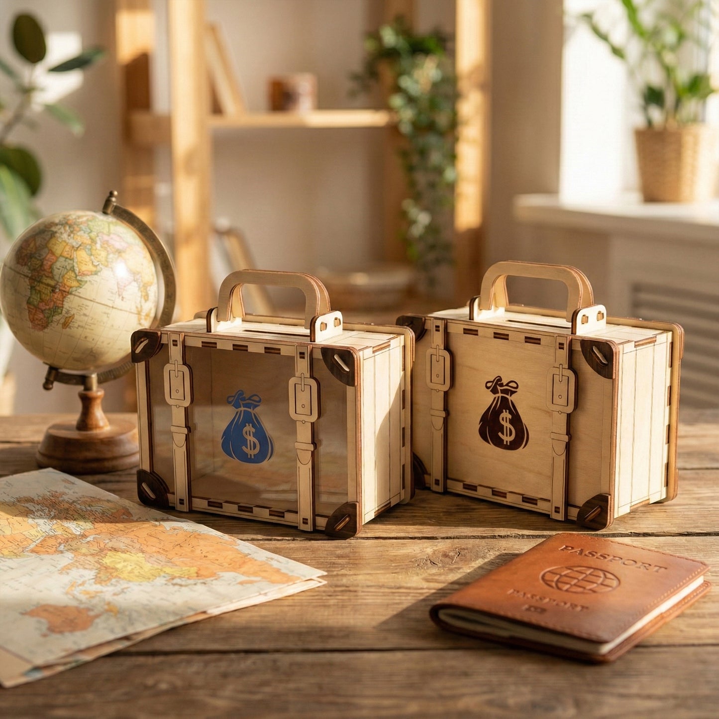 Two laser cut plywood travel bag money boxes shown together. One has a transparent front for viewing savings, the other a solid engraved wood front. Arranged on a desk with a passport, globe, and map to show scale and travel theme.