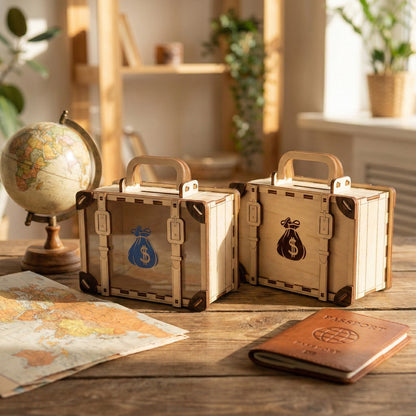 Two laser cut plywood travel bag money boxes shown together. One has a transparent front for viewing savings, the other a solid engraved wood front. Arranged on a desk with a passport, globe, and map to show scale and travel theme.