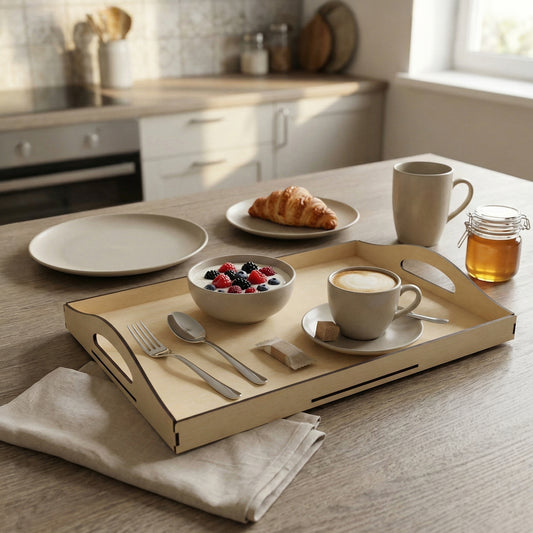 Light-finished laser cut wooden tray featuring clean slotted assembly, arranged with cappuccino, fruit yogurt, and utensils in a cozy kitchen setting.