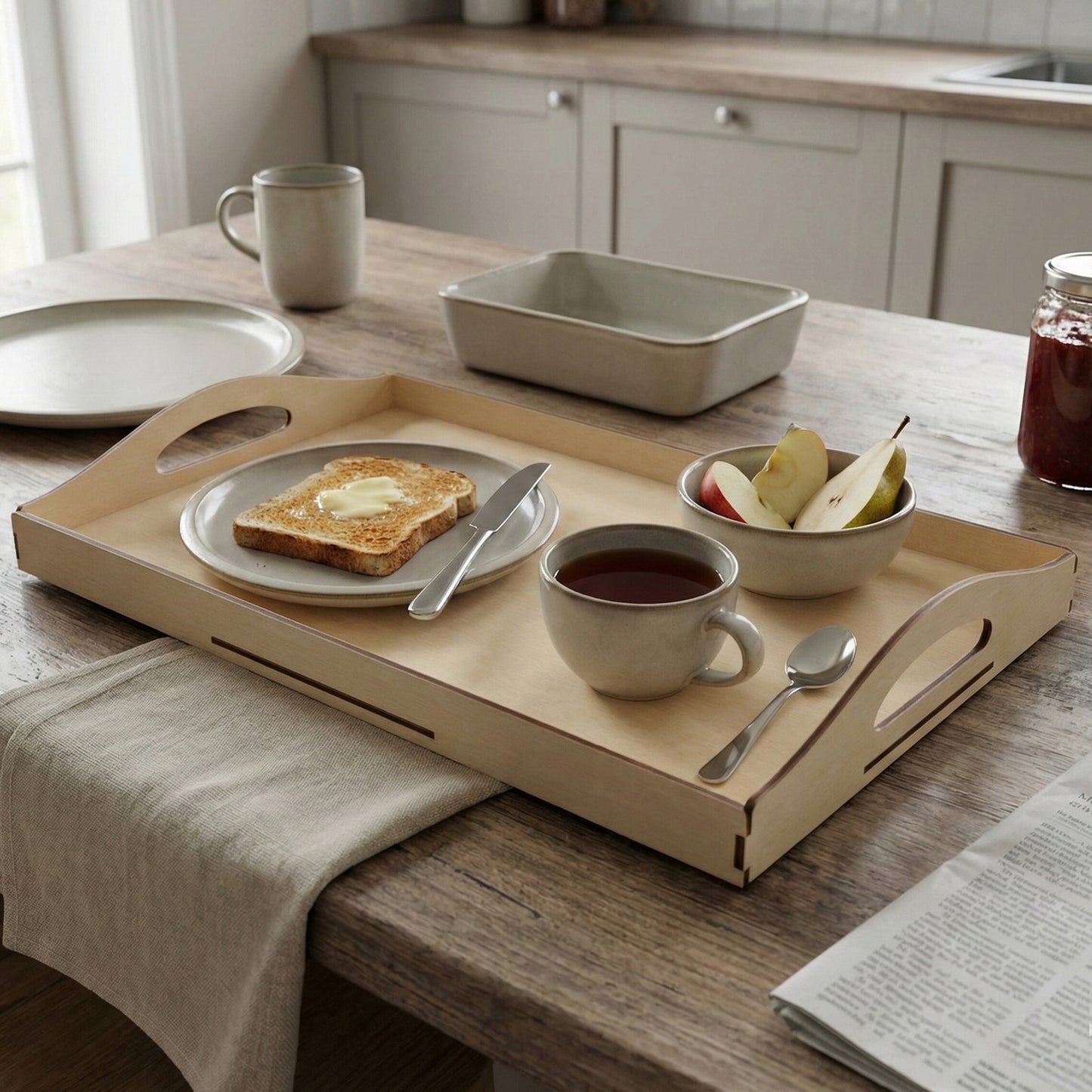 Untreated wood laser cut tray with ergonomic handles, carrying buttered toast, fresh fruit slices, and tea, placed on a rustic kitchen table background.