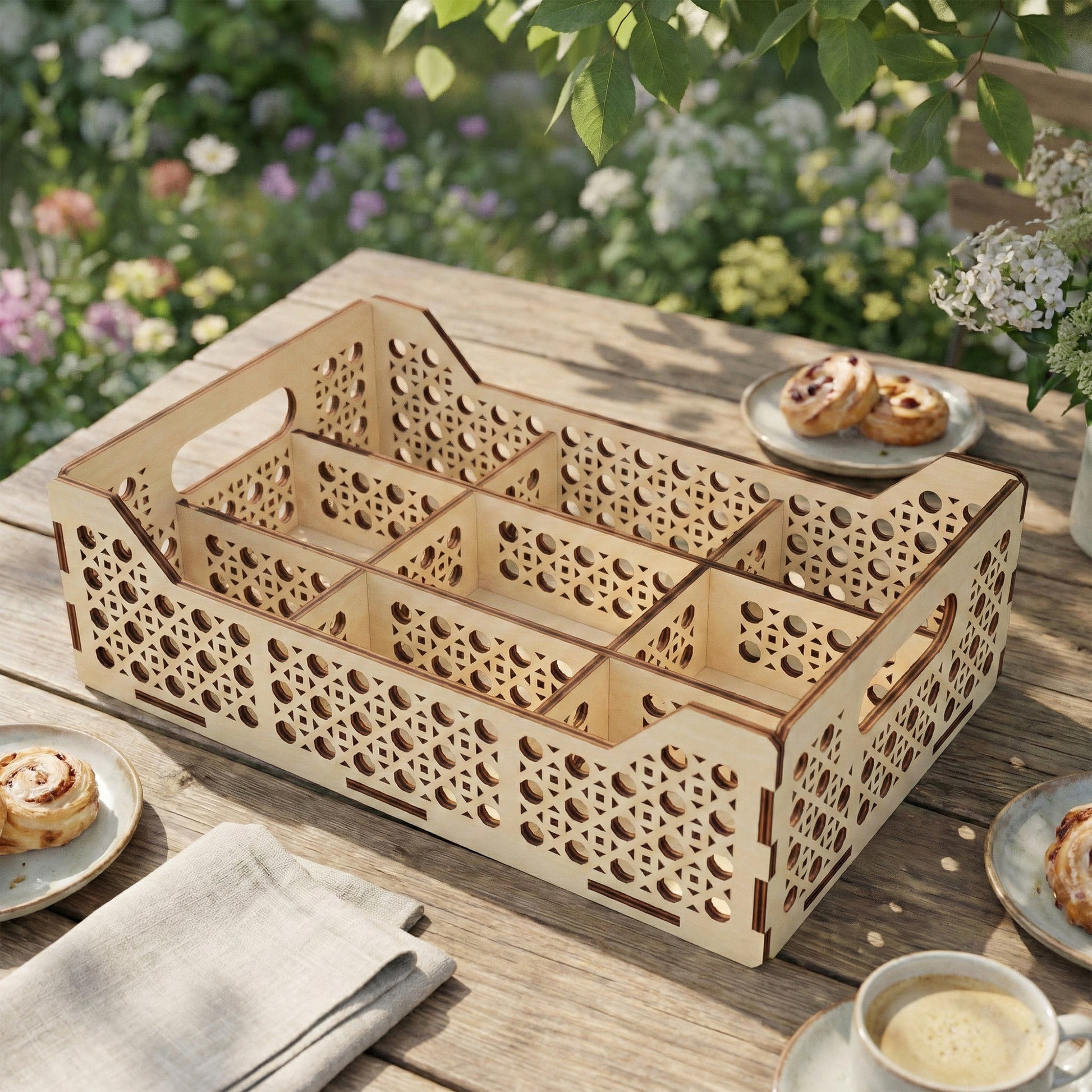 Rectangular laser cut plywood tray with 6 internal compartments and decorative lattice-patterned walls. Features two oval carry handles. Displayed on an outdoor wooden table with coffee and pastries for a garden breakfast setting.