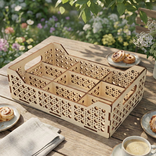 Rectangular laser cut plywood tray with 6 internal compartments and decorative lattice-patterned walls. Features two oval carry handles. Displayed on an outdoor wooden table with coffee and pastries for a garden breakfast setting.