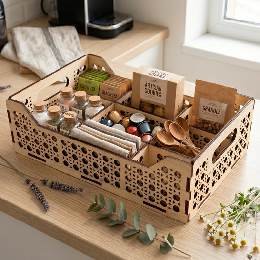 Laser cut plywood coffee station organizer with tea bags, cookie boxes, jars of spices, and spoons on a kitchen counter.