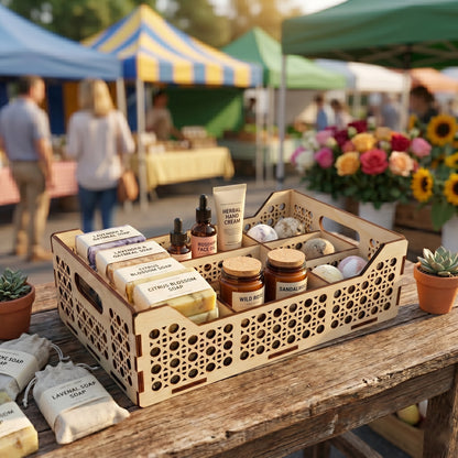Laser cut plywood display box filled with handmade soaps, cosmetic bottles, and bath bombs on a wooden market table.