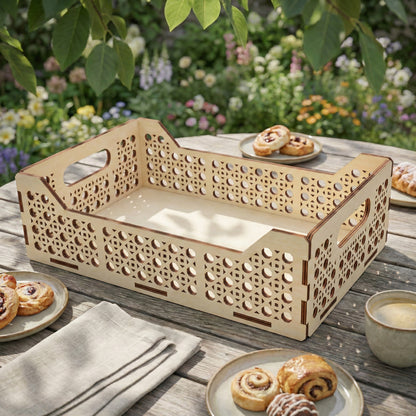 Large open laser cut plywood tray without dividers, showcasing a clean wooden base and intricate circular geometric patterns cut into the side walls. Sits on a rustic garden table surrounded by summer flowers and snacks.