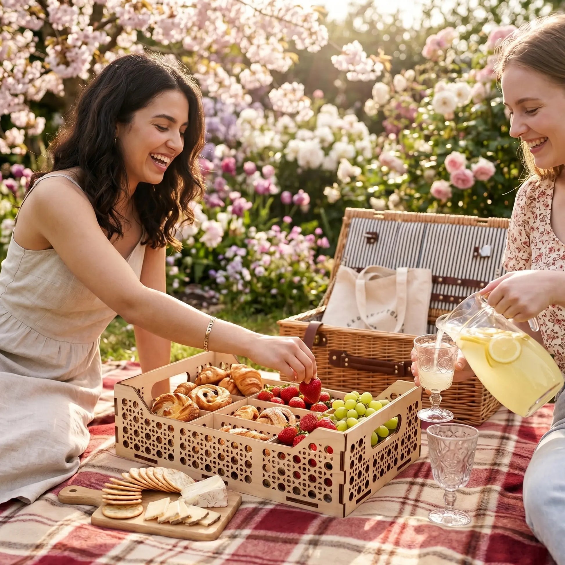 Two women laughing on a picnic blanket, reaching for fruit and pastries inside a compartmentalized laser cut plywood tray.