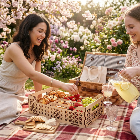 Two women laughing on a picnic blanket, reaching for fruit and pastries inside a compartmentalized laser cut plywood tray.
