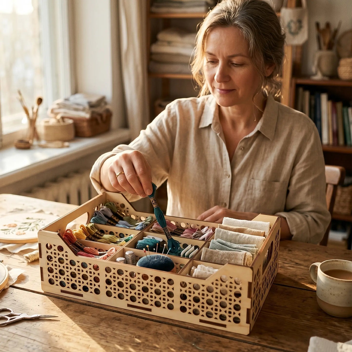 A woman picking embroidery floss from a detailed laser cut plywood craft organizer box filled with colorful threads.