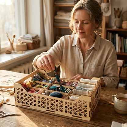A woman picking embroidery floss from a detailed laser cut plywood craft organizer box filled with colorful threads.