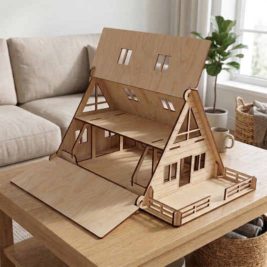 Two-story A-frame dollhouse made of laser cut plywood with the front panel opened to reveal the interior floors. Features a front deck with a miniature railing and triangular side windows, showcasing the natural light wood grain and assembly.