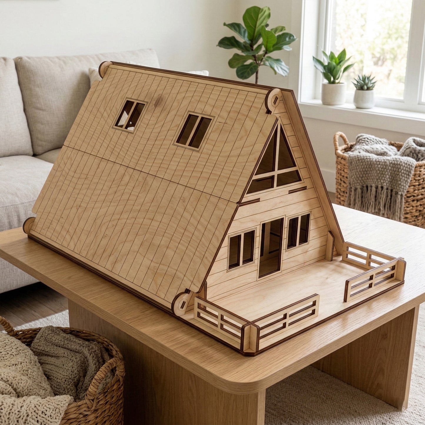 Front view of a closed A-frame dollhouse in laser cut plywood. The exterior shows precise etched vertical lines, a small central door, and four windows. A fenced wooden deck extends from the front, resting on a light wood coffee table.