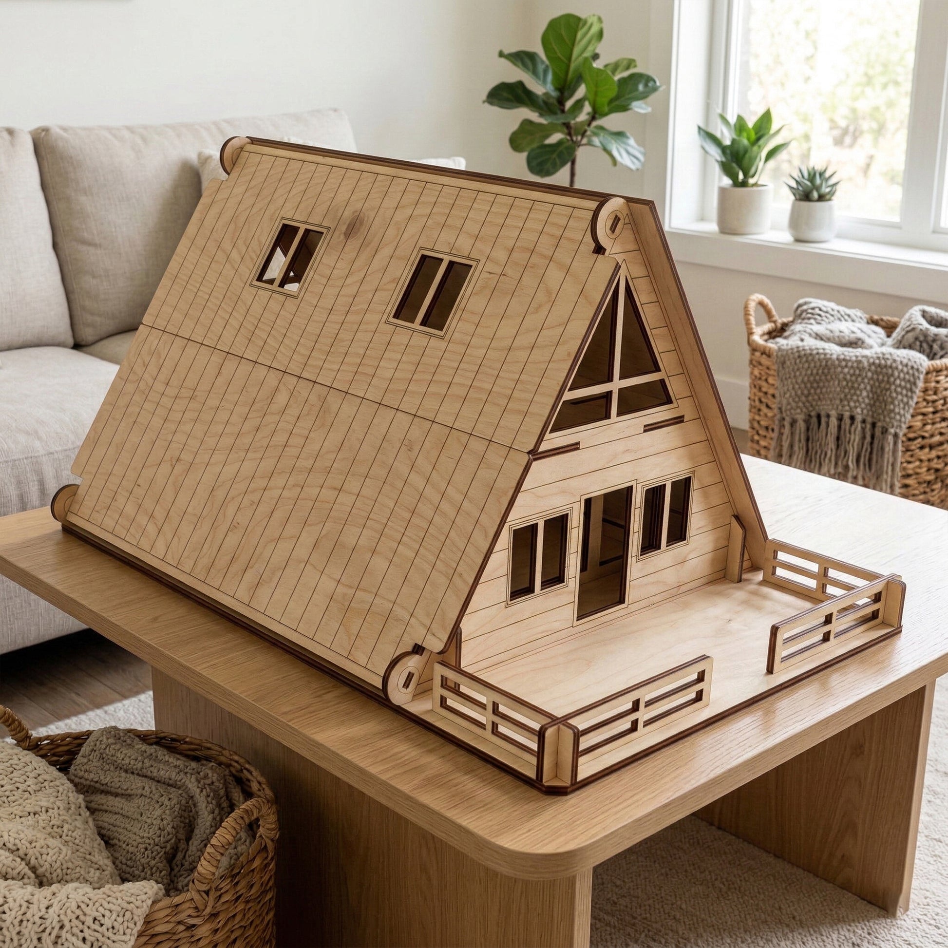 Front view of a closed A-frame dollhouse in laser cut plywood. The exterior shows precise etched vertical lines, a small central door, and four windows. A fenced wooden deck extends from the front, resting on a light wood coffee table.