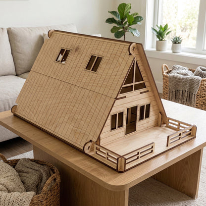 Front view of a closed A-frame dollhouse in laser cut plywood. The exterior shows precise etched vertical lines, a small central door, and four windows. A fenced wooden deck extends from the front, resting on a light wood coffee table.