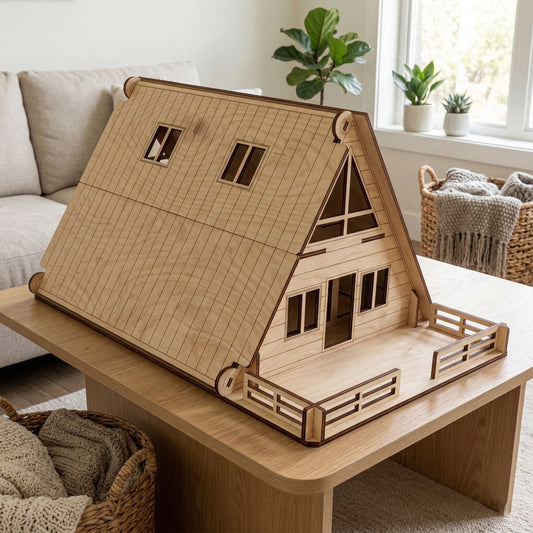 Front view of a closed A-frame dollhouse in laser cut plywood. The exterior shows precise etched vertical lines, a small central door, and four windows. A fenced wooden deck extends from the front, resting on a light wood coffee table.