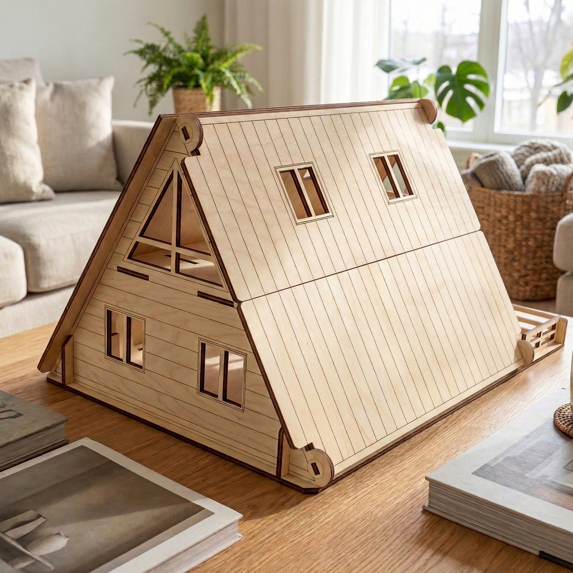 Rear view of a triangle A-frame dollhouse crafted from laser cut plywood. Displays a solid back wall with two square windows and a large triangular window at the peak. The roof features etched plank details and small decorative skylights.