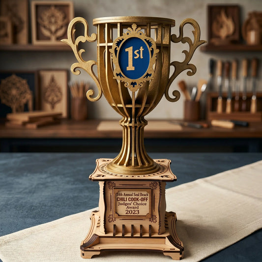Trophy cup award  laser cut model with '1st' on a wooden surface