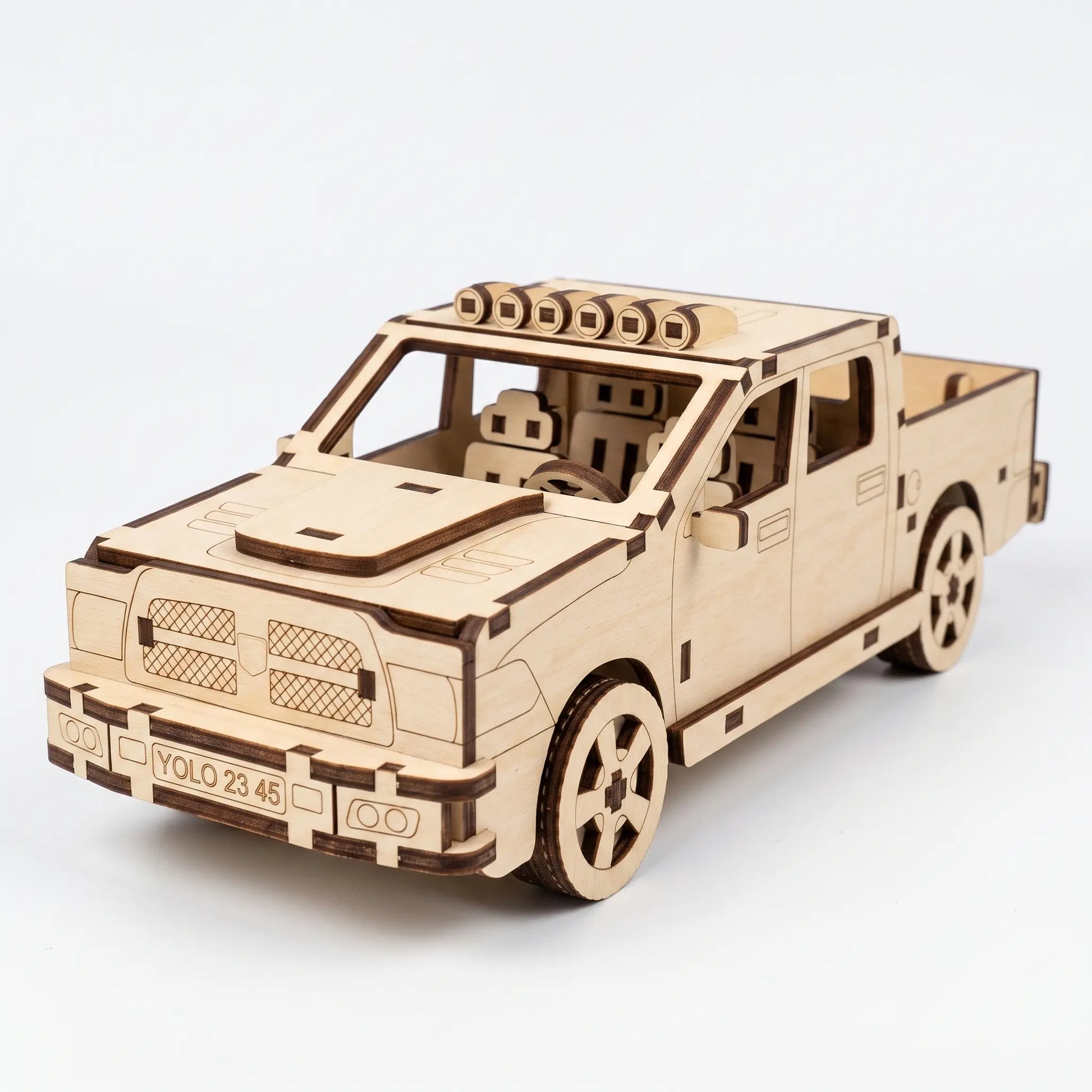 wooden laser cut pickup truck model front view