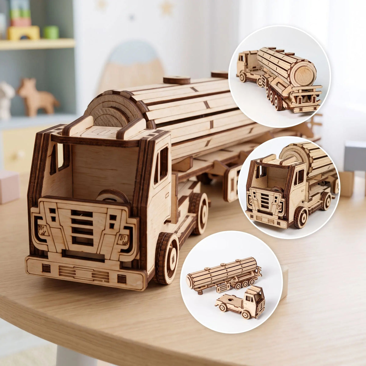 A wooden laser-cut toy truck carrying logs sits on a light wood table in a bright indoor room. Three circular inset images on the right show close-up views of the truck and log design.
