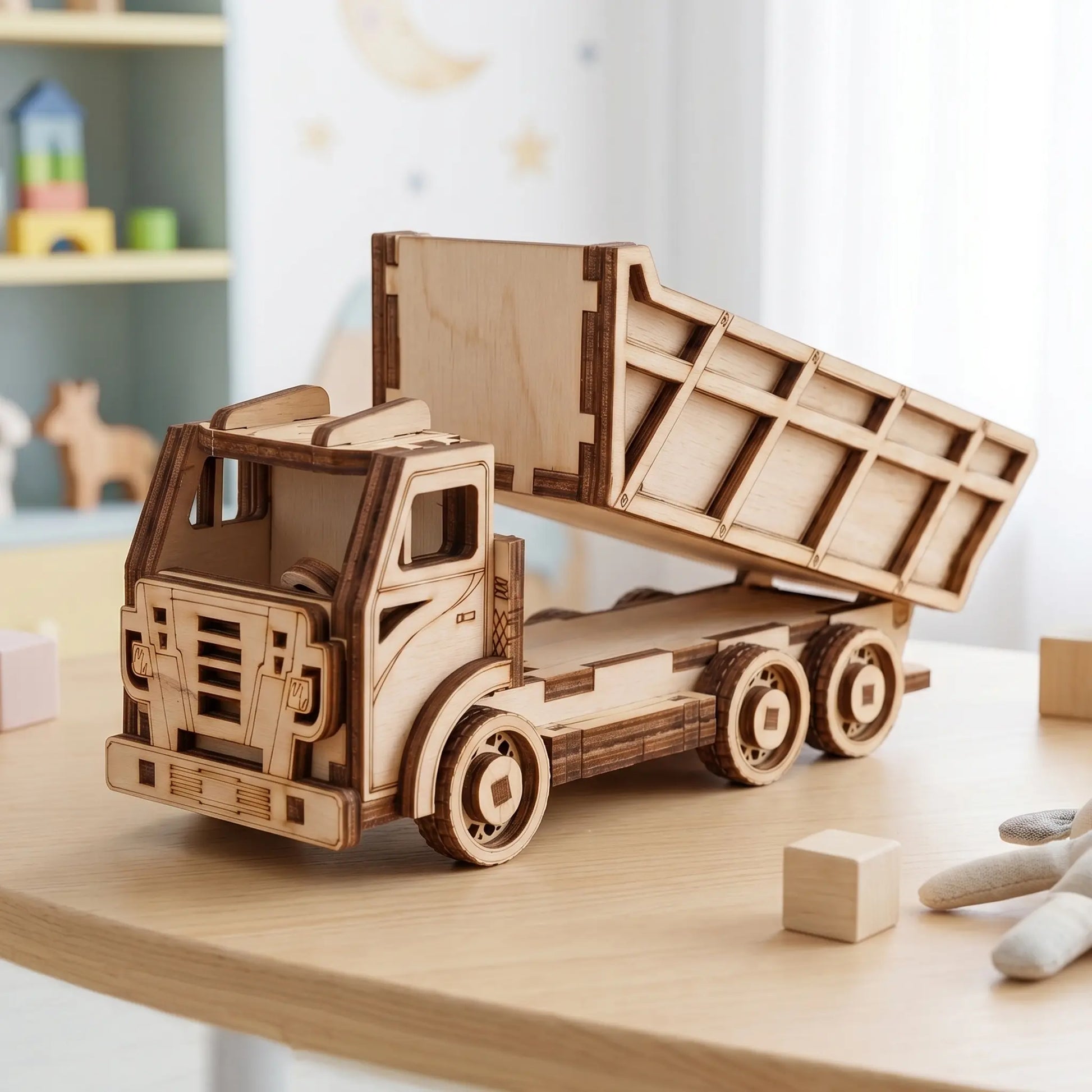 Wooden laser cut toy truck with open cargo bed on a wooden surface