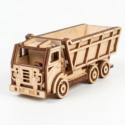 Wooden model of a dump truck on a white background