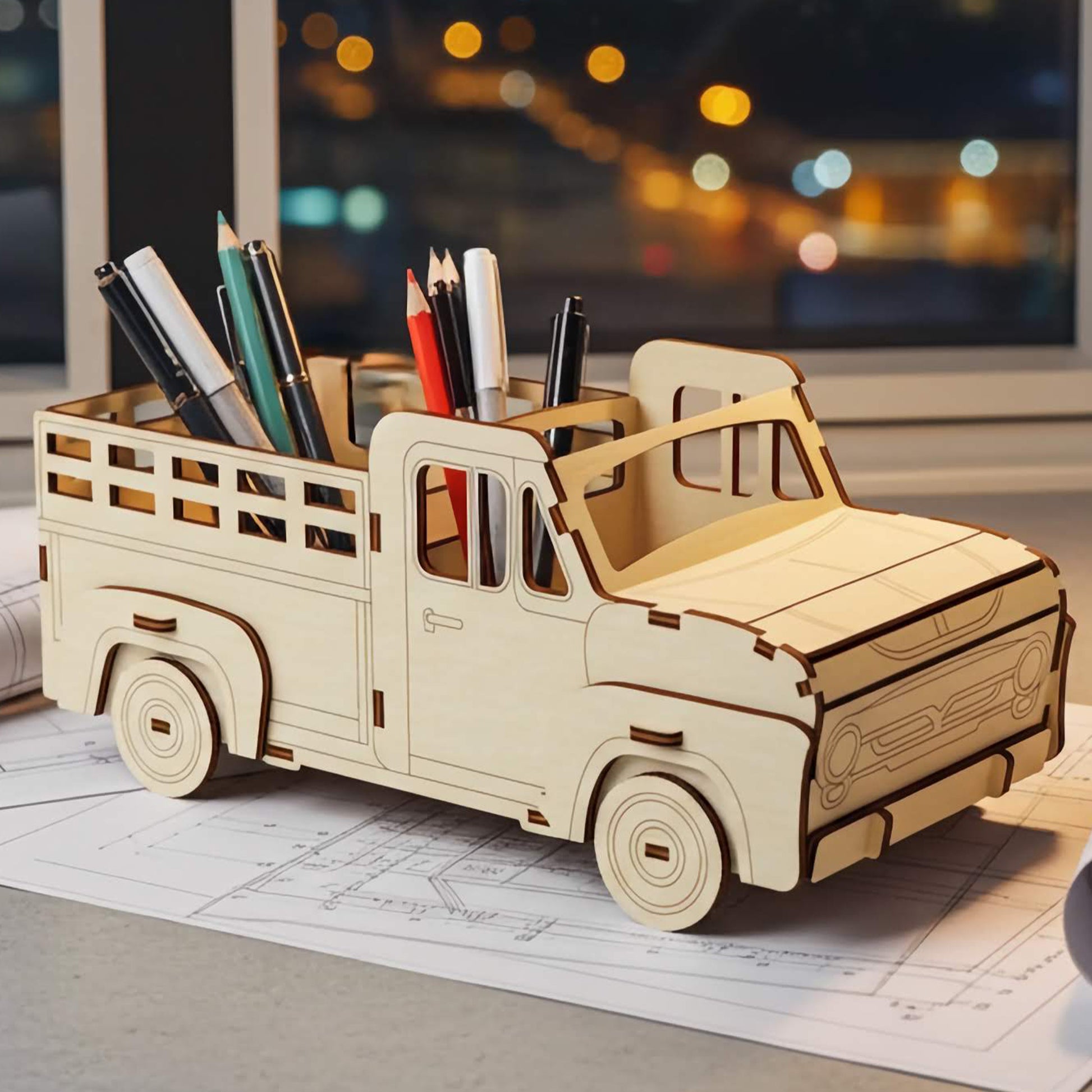 Laser cut wooden plywood pickup truck pencil holder on a desk with blueprints and rolled architectural drawings. The 3D plywood model features a slatted truck bed holding pens and pencils, with a city skyline and desk lamp in the background.