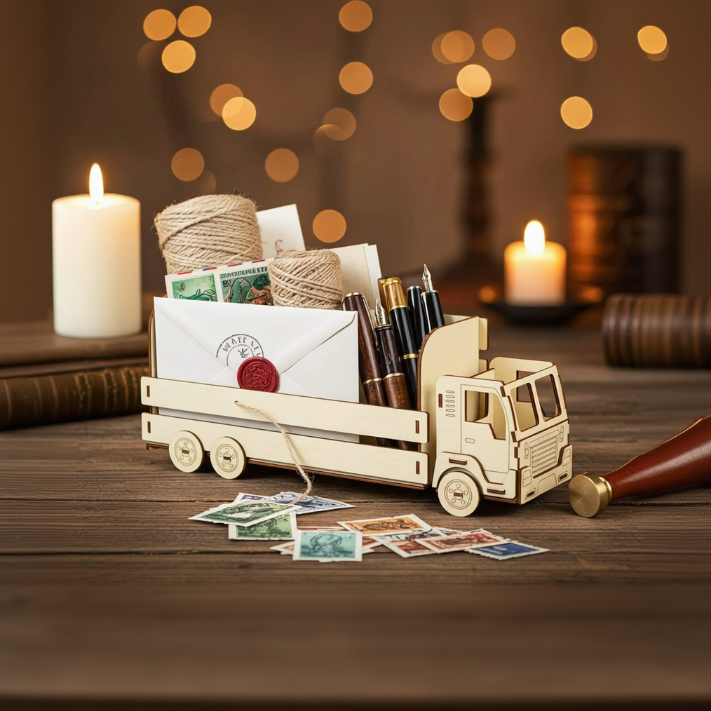 Laser cut wooden mail truck desk organizer on a table with letters, stamps, and pens. Detailed 3D plywood assembly featuring a windshield with wipers, side mirrors, and compartments for stationary. Warm background with burning candles and bokeh lights