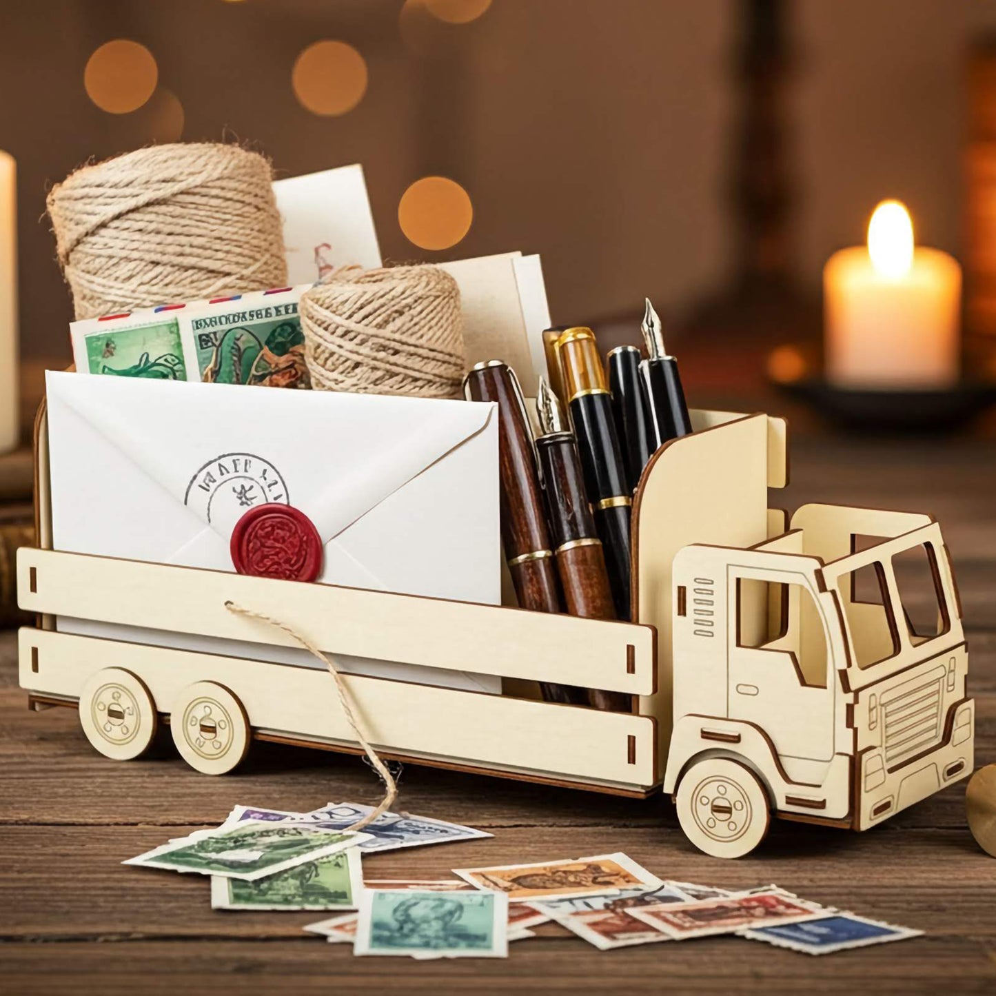 Laser cut wooden  plywood mail truck desk organizer on a table with letters, stamps, and pens. Detailed 3D plywood assembly featuring a windshield with wipers, side mirrors, and compartments for stationary. Warm background with burning candles and bokeh lights