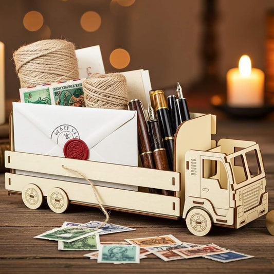 Laser cut wooden  plywood mail truck desk organizer on a table with letters, stamps, and pens. Detailed 3D plywood assembly featuring a windshield with wipers, side mirrors, and compartments for stationary. Warm background with burning candles and bokeh lights