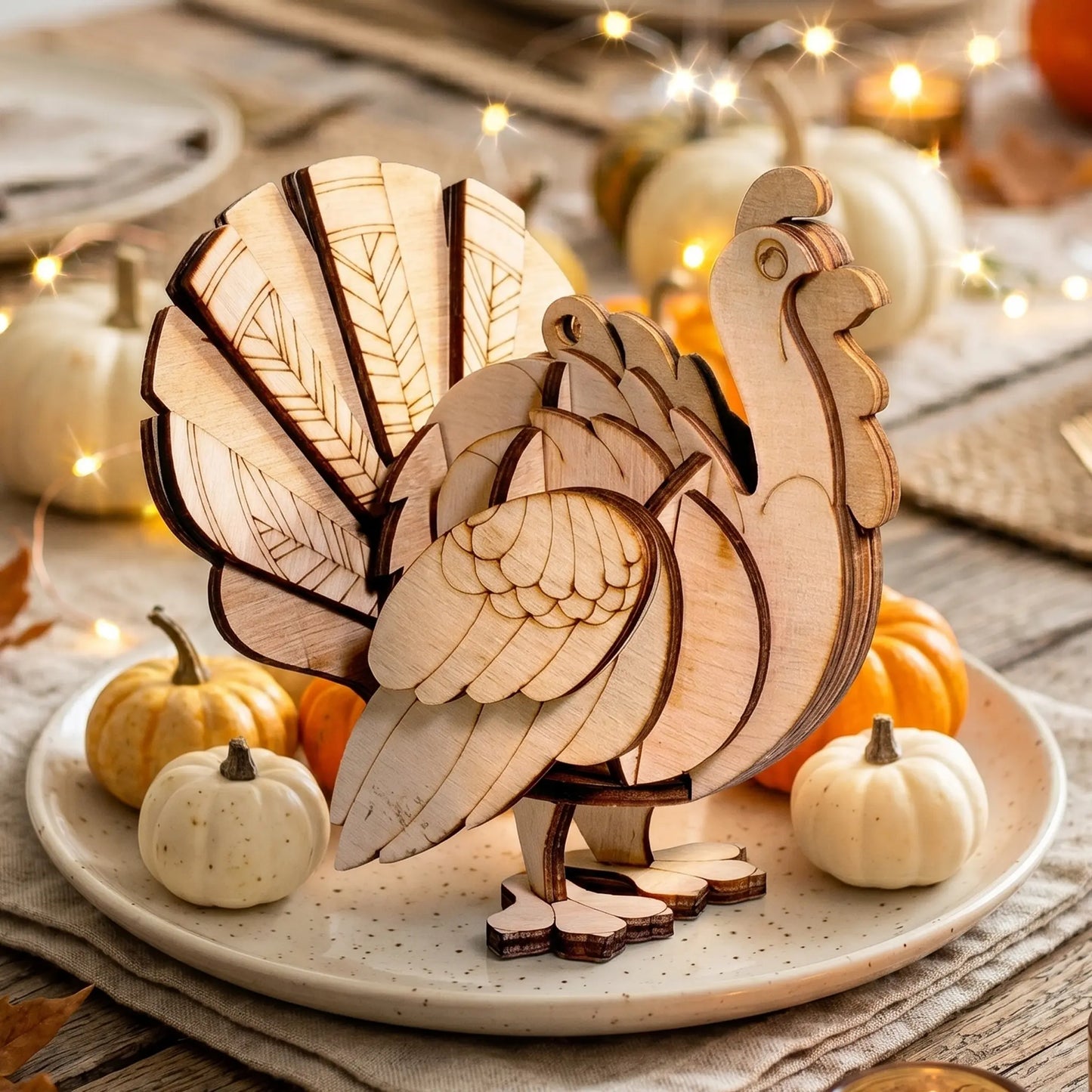 Wooden laser cut turkey decoration on a plate with pumpkins and lights in the background