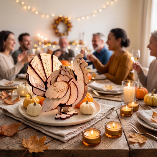 Wooden laser cut turkey decoration on a table with candles and people in the background